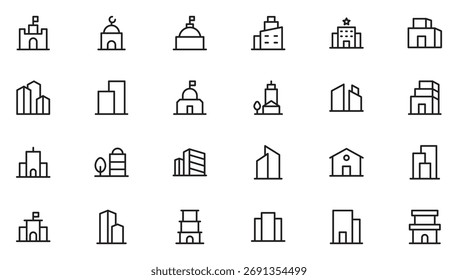 Conjunto de iconos de líneas de construcción y arquitectura. Conjunto de edificio sólido con casa, oficina, banco, escuela, hotel, tienda, diseños. Paquete de iconos de contorno delgado. Ilustración vectorial