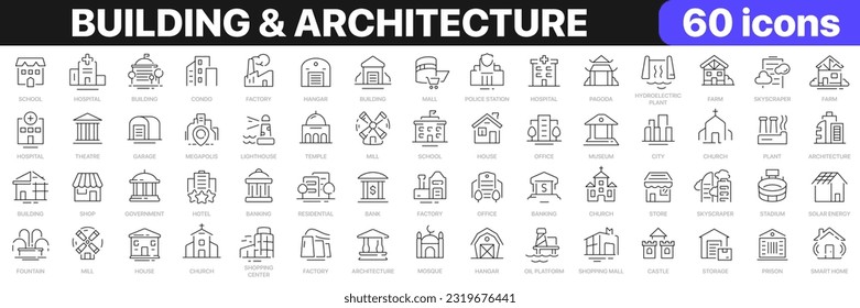 Building and architecture line icons collection. Bank, temple, office, factory, shop, hotel, hospital icons. UI icon set. Thin outline icons pack. Vector illustration EPS10