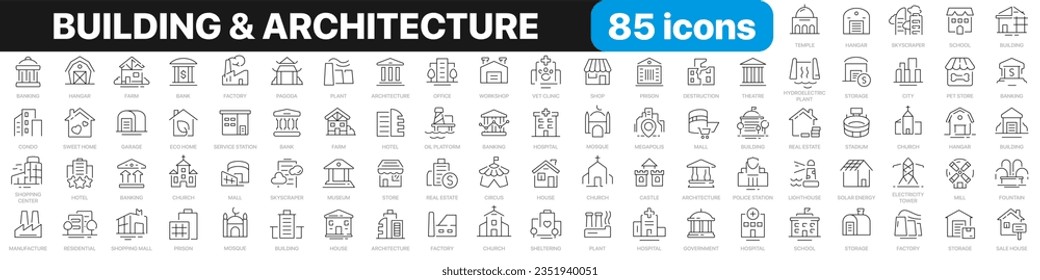 Colección de iconos de línea de construcción y arquitectura. Banco, templo, oficina, fábrica, tienda, hotel, íconos del hospital. conjunto de iconos de la interfaz de usuario. Paquete de iconos de contorno delgado. Ilustración del vector EPS10