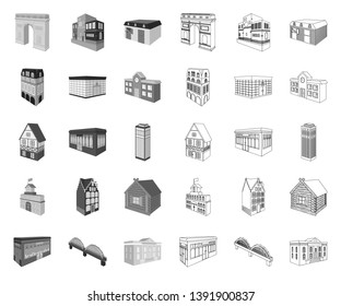 Building and architecture mono,outline icons in set collection for design.The building and dwelling vector isometric symbol stock web illustration.