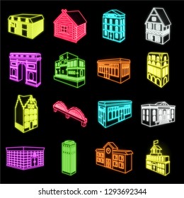 Building and architecture neon icons in set collection for design.The building and dwelling vector isometric symbol stock web illustration.