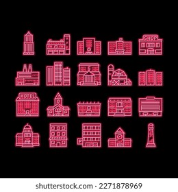 Building Architecture neon light sign vector. Skyscraper And Bank, Hospital And Shop, Railway Station And Hotel, Church And Parking Building Illustrations