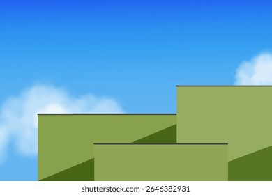 Building architecture on blue sky background,Modern concrete structure in abstract geometric shapes of green wall against sky,cloud.Vector Minimal design architectural construction with angular lines 