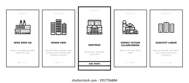 Building Architecture Onboarding Mobile App Page Screen Vector. Skyscraper And Bank, Hospital And Shop, Railway Station And Hotel, Church And Parking Building Illustrations