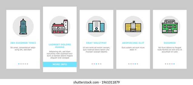 Building Architecture Onboarding Mobile App Page Screen Vector. Skyscraper And Bank, Hospital And Shop, Railway Station And Hotel, Church And Parking Building Illustrations