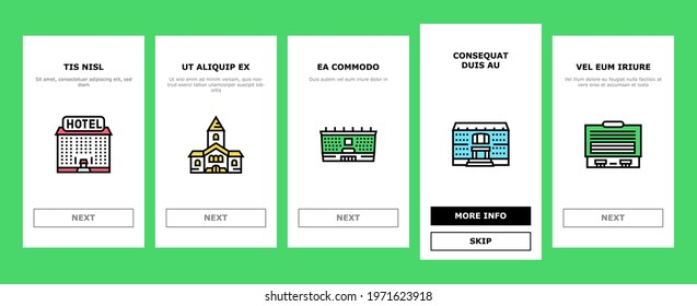 Building Architecture Onboarding Mobile App Page Screen Vector. Skyscraper And Bank, Hospital And Shop, Railway Station And Hotel, Church And Parking Building Illustrations