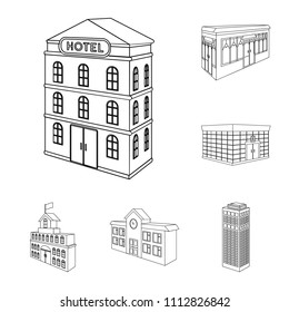 Building and architecture outline icons in set collection for design.The building and dwelling vector isometric symbol stock web illustration.