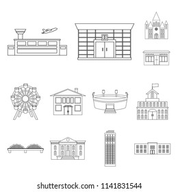 Building and architecture outline icons in set collection for design. Construction and Institution vector symbol stock web illustration.
