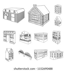 Building and architecture outline icons in set collection for design.The building and dwelling vector isometric symbol stock web illustration.
