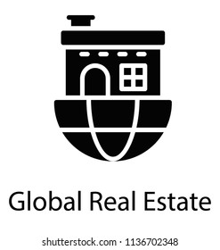 Building architecture over a globe grid, international real estate line icon