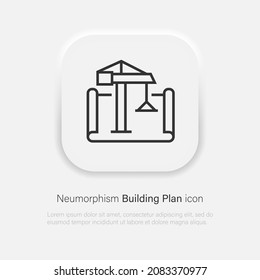 Building architecture plan vector icon. Construction crane symbol in trendy soft material neumorphism style. Vector EPS 10