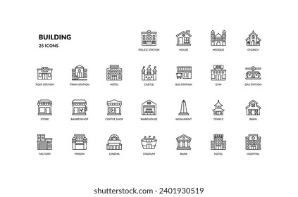 Building architecture public service urban detailed outline line icon set