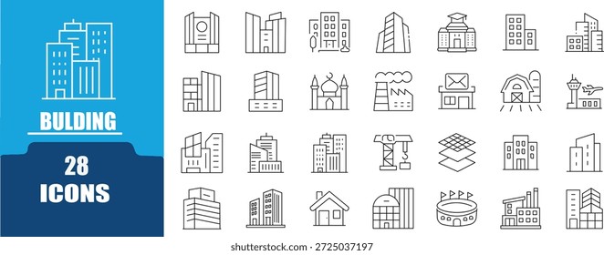 Conjunto de iconos de Web de construcción y arquitectura en estilo de línea. Colección de construcción e iconos lineales de bienes raíces, incluyendo edificio de oficinas, rascacielos, casa, fábrica, mezquita, aeropuerto, estadio, grúa, horizonte de la ciudad, arquitectura moderna y más. Ilustración vectorial