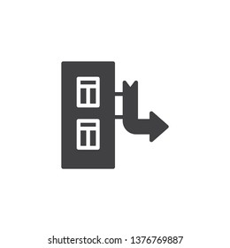 Building with arrow pointer vector icon. filled flat sign for mobile concept and web design. Club signpost glyph icon. Symbol, logo illustration. Pixel perfect vector graphics