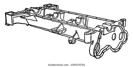Construir un paso de automóvil 01 es Crankcase que se construye alrededor del cárter que es su base o base, dibujo de línea vintage o ilustración de grabado.