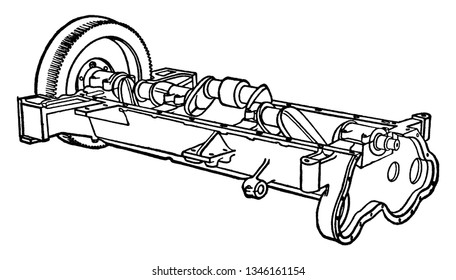 Building an Automobile Step 02 is Crank Shaft and Fly Wheel on the end helps it to keep turning at an even speed, vintage line drawing or engraving illustration.