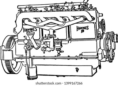 Building an Automobile Step 08 is Oil Pump and Filler runs down into the reservoir and is pumped up through the engine a little at a time, vintage line drawing or engraving illustration.