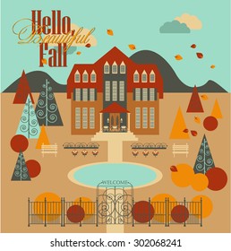 Building with Autumn park and lake Vector set. Hello Beautiful Fall logo.