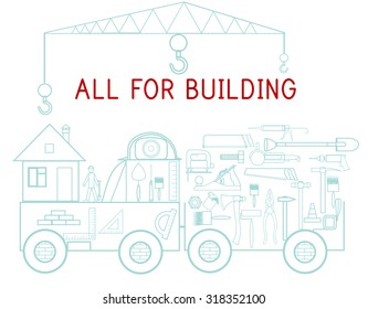 Building background with repair instruments icons on a car. All for building here