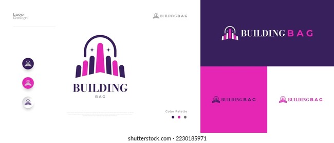 Building and Bag Logo Combination with Modern and Elegant Concept. Abstract Bag Logo or Icon with City Illustration Inside, Suitable for Fashion, Real Estate, Mall, Shop and Clothing Business Logo