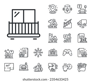 Building balconet sign. Floor plan, stairs and lounge room outline icons. Balcony line icon. Apartment terrace symbol. Balcony line sign. House mortgage, sell building icon. Real estate. Vector