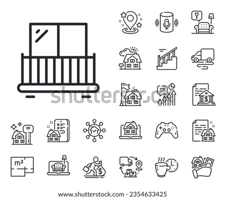 Building balconet sign. Floor plan, stairs and lounge room outline icons. Balcony line icon. Apartment terrace symbol. Balcony line sign. House mortgage, sell building icon. Real estate. Vector