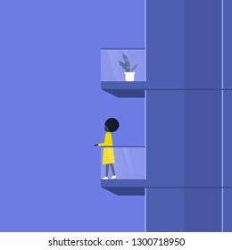 Building with balconies, side view. A black female character standing on a terrace. Real estate development. Architecture. Flat editable vector illustration, clip art