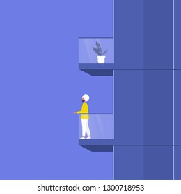 Building with balconies, side view. An indian male character standing on a terrace. Real estate development. Architecture. Flat editable vector illustration, clip art