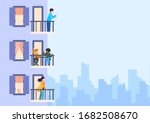Building with balconies and windows, side view and angle. Characters standing and sitting on a terrace. Daytime, neighborhood, house outside with people. Architecture concept. Flat vector illustration