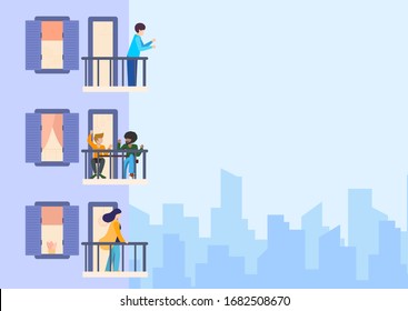Building with balconies and windows, side view and angle. Characters standing and sitting on a terrace. Daytime, neighborhood, house outside with people. Architecture concept. Flat vector illustration