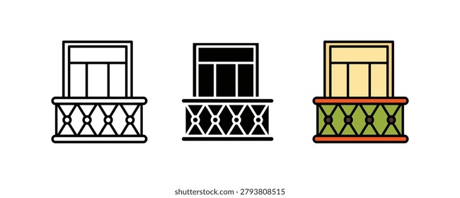 Building Balcony and Architecture Window Icon Set.  Real Estate Terrace House Exterior Railing Sign. Vector Illustration.