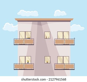 Building balcony, stay home concept. Building with windows side view. Daytime, terrace, house outside without people. Architecture concept