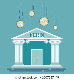 Building bank and gold coins. Investments and savings. Stock vector flat graphic illustration.