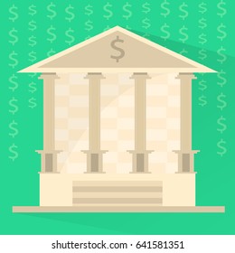 Building of bank, icon on green background with dollar signs