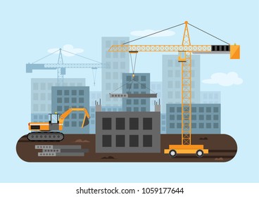 building banner concept, construction of apartment houses, lift crane sets plate vector illustration flat
