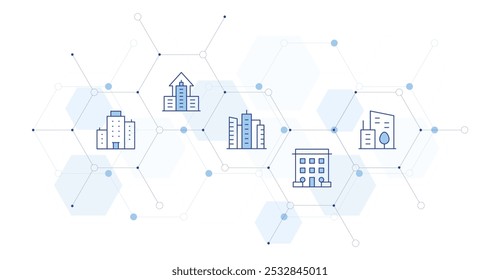 Criação de Ilustração de Vetor de Banner com Estilo de Ícone entre. ícone Duotônico de Linha. Contendo escritório, empresa, edifícios, cidade.