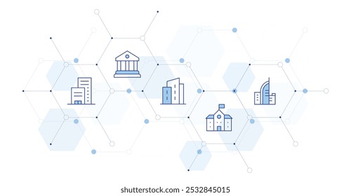 Construyendo Ilustración vectorial de Anuncio con estilo de icono en el medio. Icono de línea Duotone. Contiene compañía, escuela, juzgado, edificio.