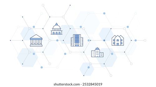 Construyendo Ilustración vectorial de Anuncio con estilo de icono en el medio. Icono de línea Duotone. Contiene edificio de la ciudad, casa, capitolio, universidad, edificio.