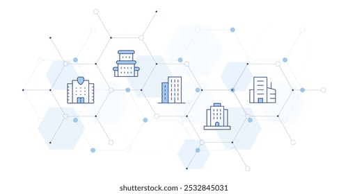 Building Banner Vector Illustration with Icon Style in Between. Line Duotone icon. Containing building, migration, resort, architecture.