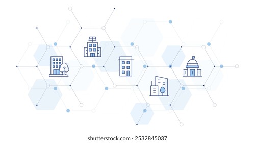 Construyendo Ilustración vectorial de Anuncio con estilo de icono en el medio. Icono de línea Duotone. Contiene edificio, ayuntamiento, ciudad, empresa.