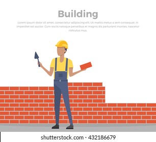 Building banner web design flat style. Working in a helmet with a shovel. Construction and builder holding brick and trowel. Man worker is standing near the unfinished brick walls vector illustration