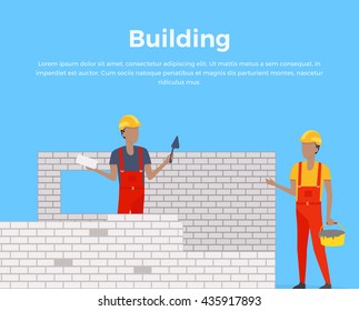 Building banner web design flat style. Working in a helmet with a shovel. Construction and builder holding brick and trowel. Mans workers is standing near unfinished brick walls vector illustration