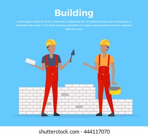 Building banner web design flat style. Working in a helmet with a shovel. Construction and builder holding brick and trowel. Mans workers is standing near unfinished brick walls vector illustration