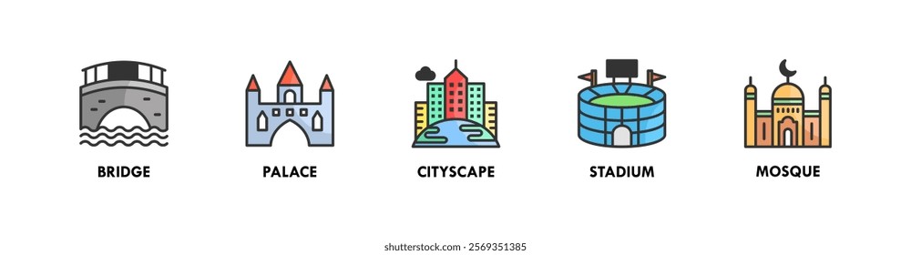 Building banner web icon vector illustration concept with icons of bridge, palace, cityscape, stadium, and mosque