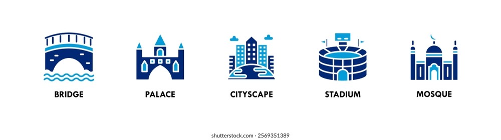 Building banner web icon vector illustration concept with icons of bridge, palace, cityscape, stadium, and mosque