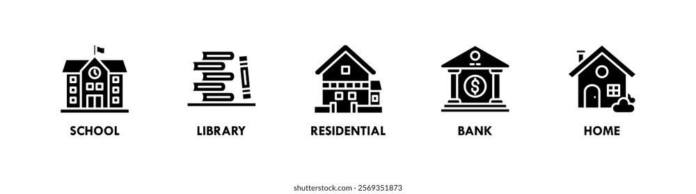 Building banner web icon vector illustration concept with icons of school, library, residential, bank, and home