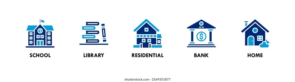 Building banner web icon vector illustration concept with icons of school, library, residential, bank, and home