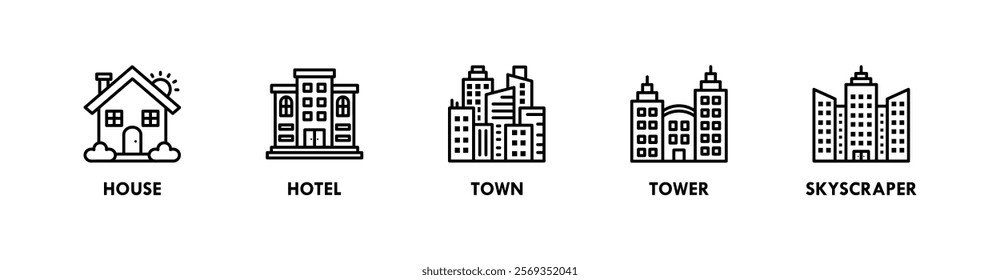 Building banner web icon vector illustration concept with icons of house, hotel, town, tower, and skyscraper