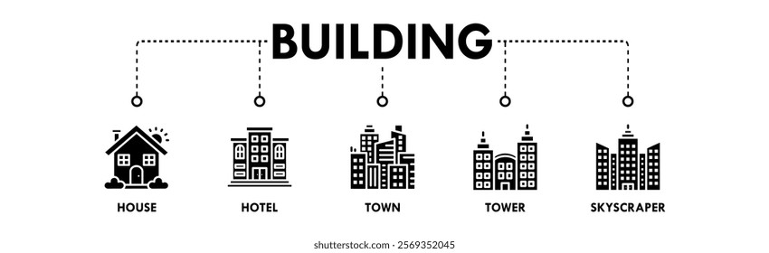 Building banner web icon vector illustration concept with icons of house, hotel, town, tower, and skyscraper