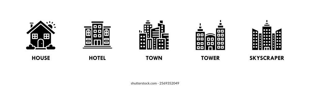 Building banner web icon vector illustration concept with icons of house, hotel, town, tower, and skyscraper